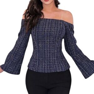 ZARA blue tweed off-shoulder long bell sleeve blouse size XS